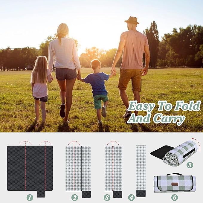 HX&OD Outdoor Picnic Blanket, Extra Large, 80''x60'' Waterproof Foldable Blankets Gingham Picnic Mat for Beach, Camping Grass Lawn Park Accessories Cute Couple Ideas Wedding (Green, 80”x60”)-BubblyBeeBaby