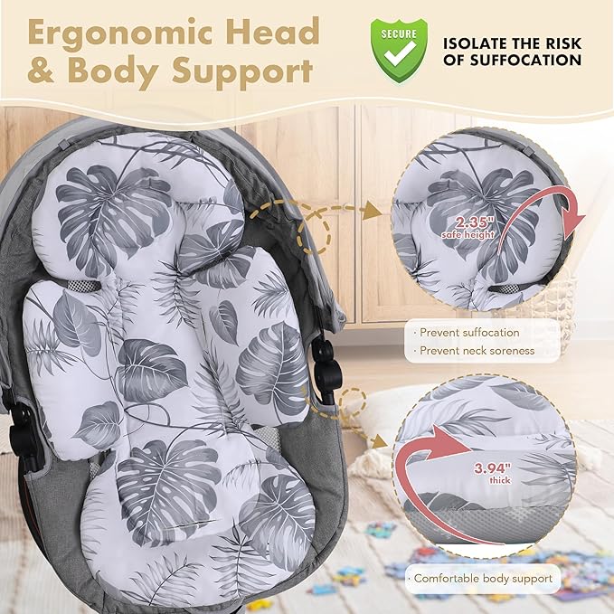 Infant Car Seat Insert, 2-in-1 Head & Body Carseat Support for Baby Newborn Toddler with Strap Covers, Reversible Ultra-Soft Cushion for Baby Carseat, Stroller, Swing & Bouncer-BubblyBeeBaby