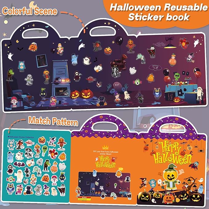 2 Set Halloween Reusable Sticker Books for Toddlers 3+, Halloween Stickers for Kids, Sticker Book for Toddlers 3+ Years, Halloweens Gifts for Kids Girls Boys-BubblyBeeBaby