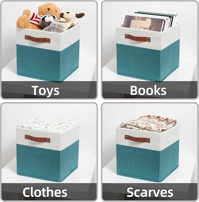 HNZIGE Fabric Storage Cube Bins Baskets for Organizing, 11 inch Cube Storage Bins, Set of 4, Collapsible Storage Bin with Handles, Closet Organizers and Storage Home Toy Nursery Bedroom(White Teal)-BubblyBeeBaby