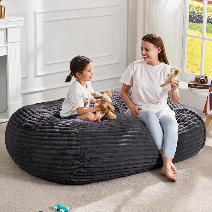 Hobestluk 4FT Bean Bag Chairs Adult Bean Bag with Portable Handle Comfy Large Bean Bag Chair with Removable Cover for Living Room Bedroom or Reading Nook (Stripe Dark Grey, 4FT)-BubblyBeeBaby