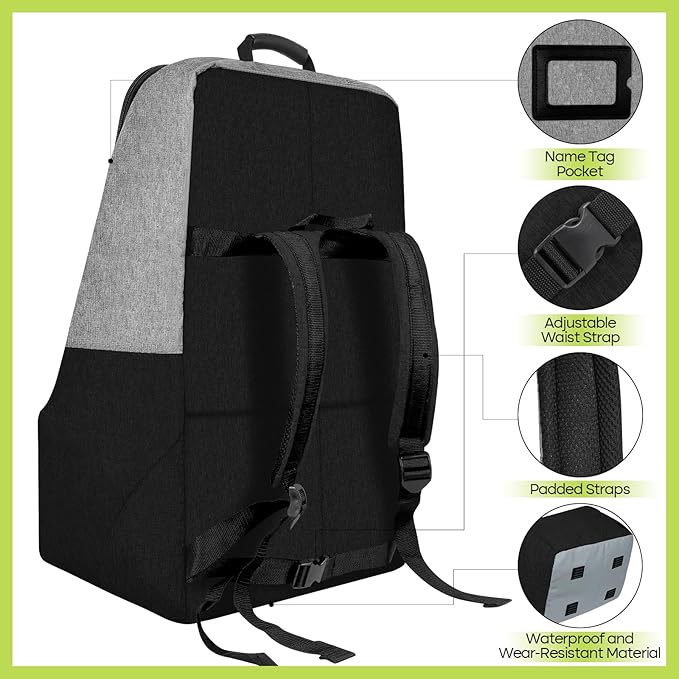 Padded Car Seat Travel Bag for Airplane, Heavy Duty Backpack for Air Travel, Water-Resistant Carrier with Shoulder Strap, Fits Most Car Seats (Grey+Black)-BubblyBeeBaby