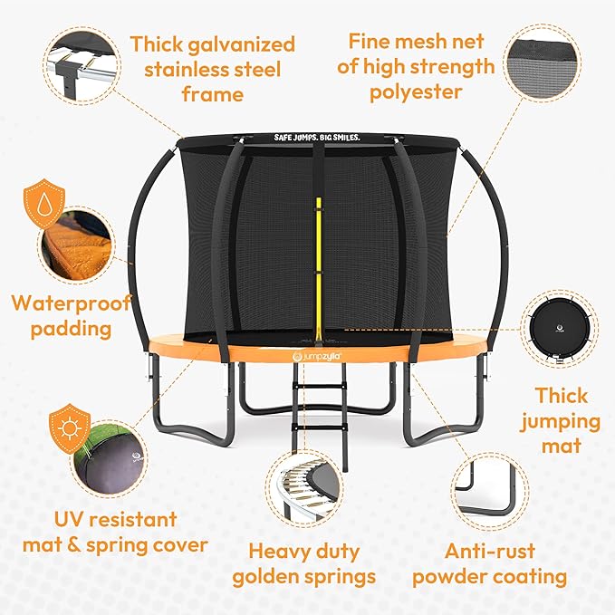 JUMPZYLLA Trampoline Outdoor 8FT 10FT 12FT 14FT 15FT 16FT with Enclosure and Ladder, ASTM Approved Recreational Trampoline for Kids and Adults, Anti-Rust Coated Frame-BubblyBeeBaby