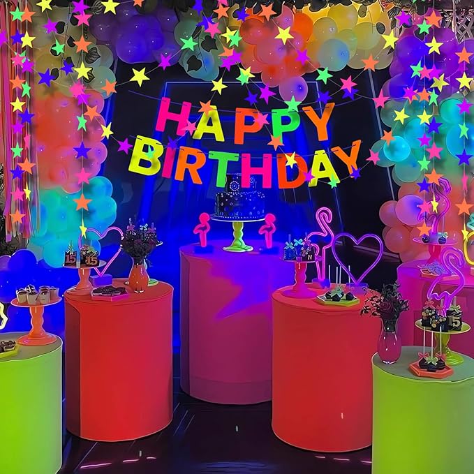 108feet UV Neon Paper Star Garland Glow in The Dark Streamers for neon Party Supplies UV Fluorescent Reactive Paper Star Banner for Wedding Birthday Glow in The Dark Party Favors Neon Party Decor…-BubblyBeeBaby