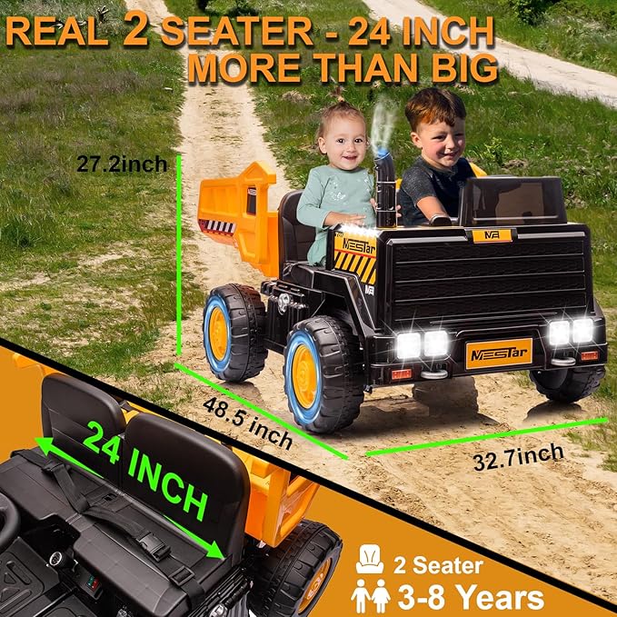 24V Ride On Dump Truck, 24inch-2 Seater Ride On Car for Kids w/Remote Control 4WD/2WD Up to 5 Mph, 24v Ride on Toys for Big Kids w/Electric Dump Bed Extra Shovel Traffic Cones (Yellow)-BubblyBeeBaby