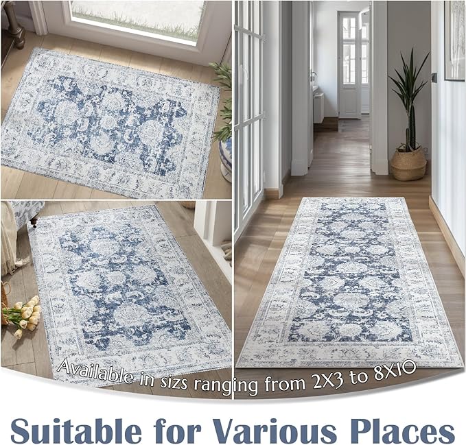 jinchan Hallway Runner Rug 3x8 Washable Runner - Vintage Floral Non Slip Low-Pile Soft Thin Faux Wool Kitchen Rug Distressed Carpet for Farmhouse Bedroom Laundry Room(3x8ft,Dark Blue)-BubblyBeeBaby