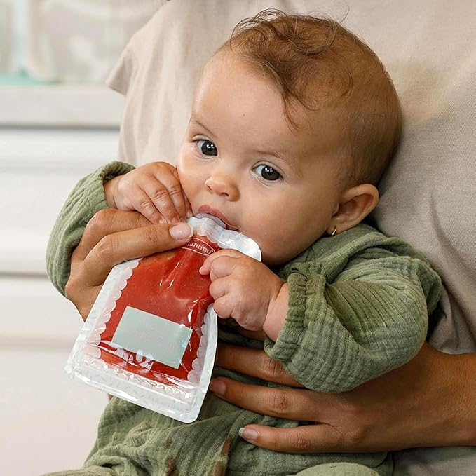 Infantino Reusable Squeeze Pouches for Homemade Baby Food, 3.5 oz, Pack of 25 - BPA, PVC, and Phthalate-Free, Freezer-Safe, with Clear Window and Labeling Space-BubblyBeeBaby