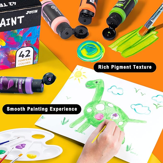 JOYIN Washable Tempera Paint Set for Kids 42PCS, Non Toxic Liquid Paint with 15 Brushes and 4 Palettes - Art Supply for Kids for Arts and Crafts Project, Finger Painting (2 oz Each)-BubblyBeeBaby