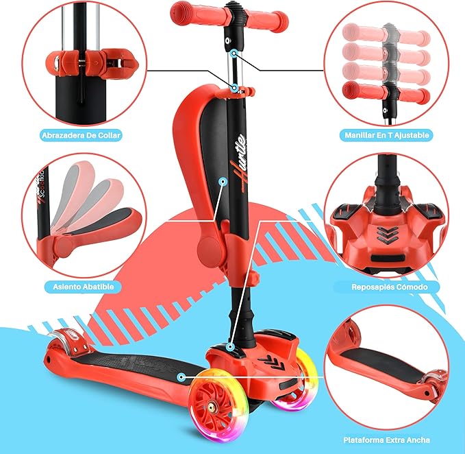 Hurtle 3-Wheeled Scooter for Kids - Wheel LED Lights, Adjustable Lean-to-Steer Handlebar, and Foldable Seat - Sit or Stand Ride with Brake for Boys and Girls Ages 1-14 Years Old-BubblyBeeBaby