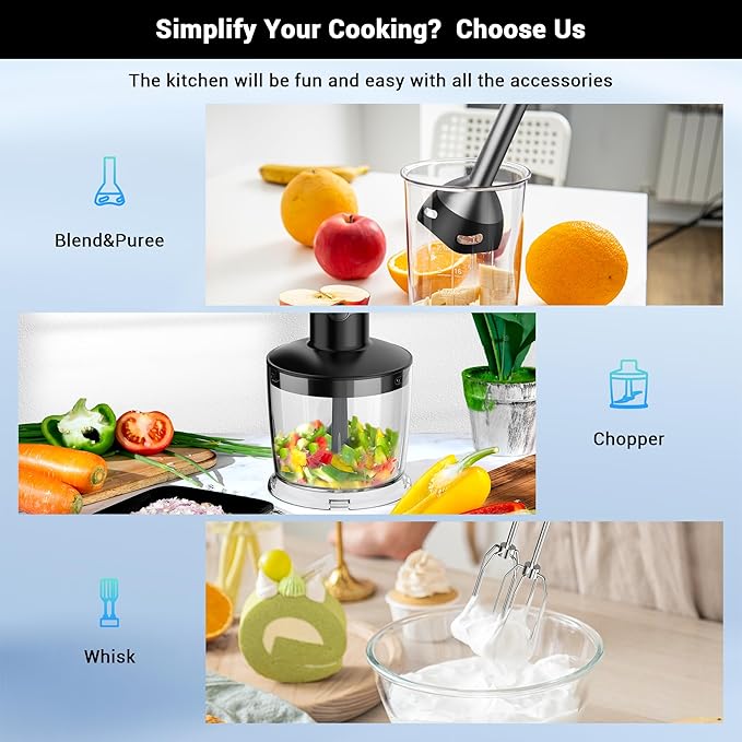 Immersion Blender RPM 16000±10% Scratch Resistant Hand Blender,15 Speed and Turbo Mode Hand Mixer, 3-in-1 Heavy Duty Copper Motor Stainless Steel Smart Stick with Egg Beaters and Chopper-BubblyBeeBaby