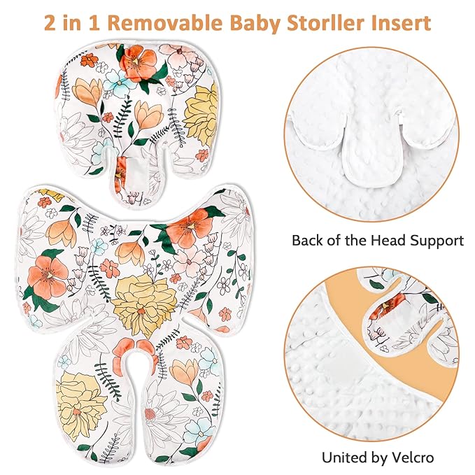 Pea Pod Baby Car Seat Head Support for Newborn, 2 in 1 Infant Car Seat Head Body Support for Girls Extra Soft Breathable Baby Car Seat Cushion Insert for Strollers, Swings, Bouncers, (Retro Floral)-BubblyBeeBaby