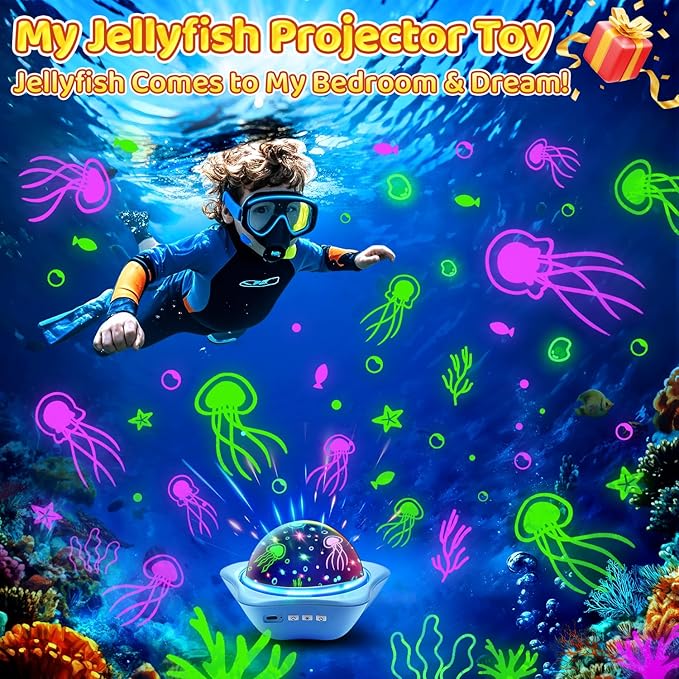 Jellyfish Baby Night Light Projector, Dinosaur+Jellyfish+Unicorn Night Light Projector, 96 Projection Options+USB Rechargeable Baby Sleeping Toys Baby Gifts,Jellyfish Lamp Baby Toys Baby Gifts Newborn-BubblyBeeBaby