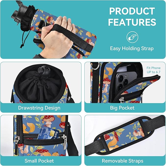 25/32/40/64oz Water Bottle Bag Holder Carrier-Insulated Crossbody Sling Case Sleeve with Strap & Pockets for Men Women Gym Cycling Travel Walking Hiking Camping-BubblyBeeBaby