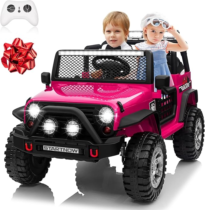 24V 4WD Ride on Truck Car w/800W Motors, Gift Flower, Remote Control, 2 Seaters, Light Bar, 3 Speeds, Pop Music, Power Four Wheels, 24 Volt Ride on Toy Car for Big Kids, Rose Red-BubblyBeeBaby