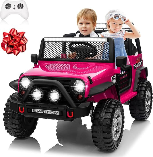 24V 4WD Ride on Truck Car w/800W Motors, Gift Flower, Remote Control, 2 Seaters, Light Bar, 3 Speeds, Pop Music, Power Four Wheels, 24 Volt Ride on Toy Car for Big Kids, Rose Red-BubblyBeeBaby