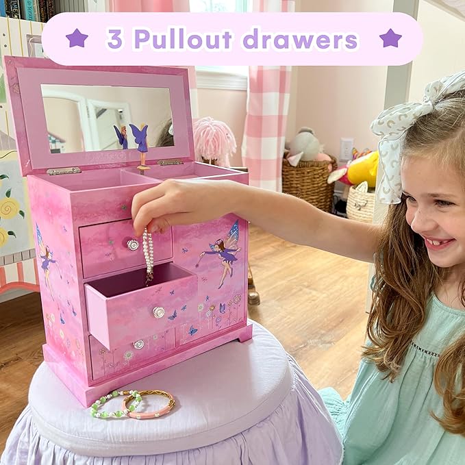 Jewelkeeper Jewelry Box - Jewelry Box for Girls with Ballerina Music Box - 3 Spacious Drawers, Necklace Carousel, Soft Pink Lining and Flowers Design - Sugar Plum Fairy Tune - 9.5 x 7.75 x 9.5 in-BubblyBeeBaby