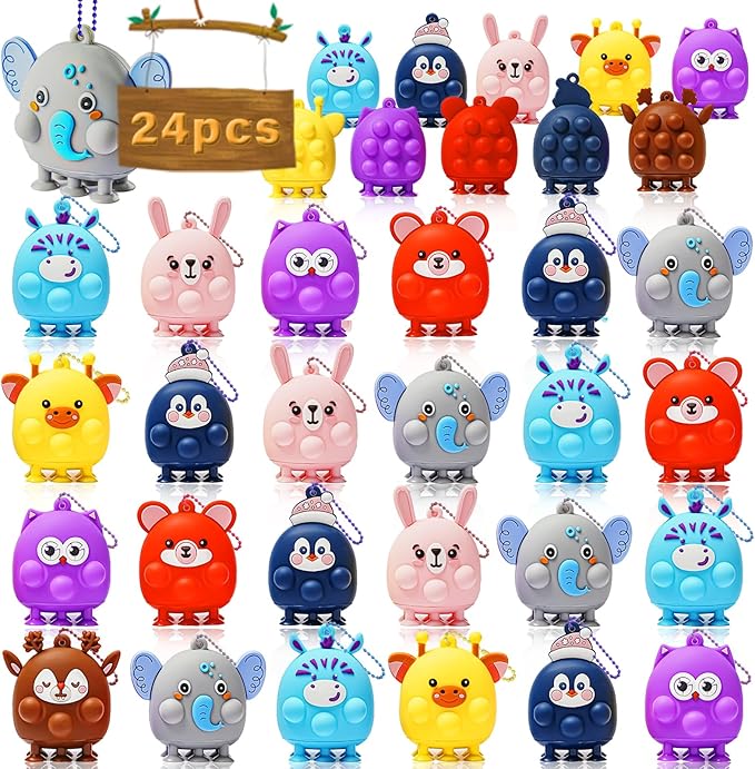 24 Pcs Party Favors for Kids, 3D Animal Pop Fidget Toys Bulk, Sensory Bath Suction Toys for Toddlers, Carnival Treasure Classroom Prizes Box Toys, Fidget Stocking Stuffers Birthday Party Gifts-BubblyBeeBaby