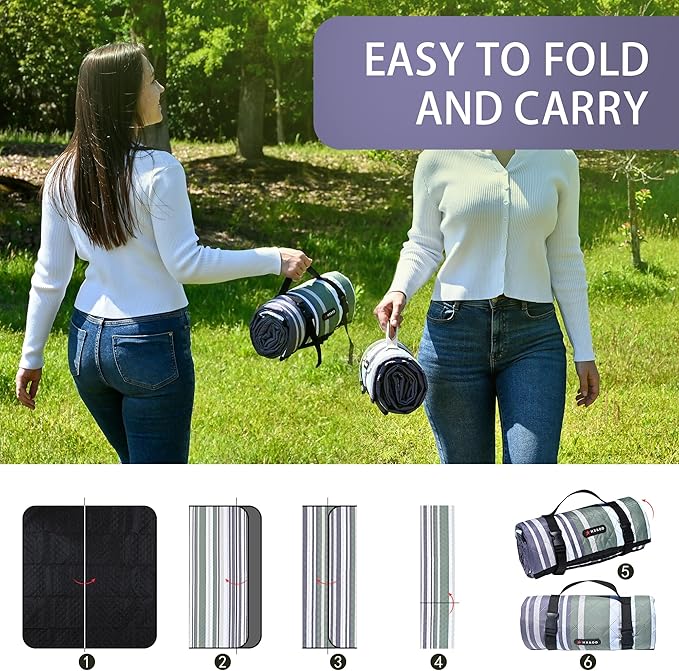 HX&OD Outdoor Picnic Blanket Extra Large, 80''*60'' Waterproof Picnic Mat with Stakes Foldable Camping Blanket Portable with Carry Strap for Beach Mat (Green& White, 80''*60'')-BubblyBeeBaby