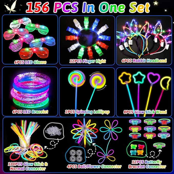 156PCS Glow in The Dark Party Supplies for Kids 8-12, Light Up Glasses Headband Rings Halloween Party Favor Adult, 100 Glow Sticks Bulk Party Pack DIY Necklaces Bracelets Neon Camping Pool Decorations-BubblyBeeBaby