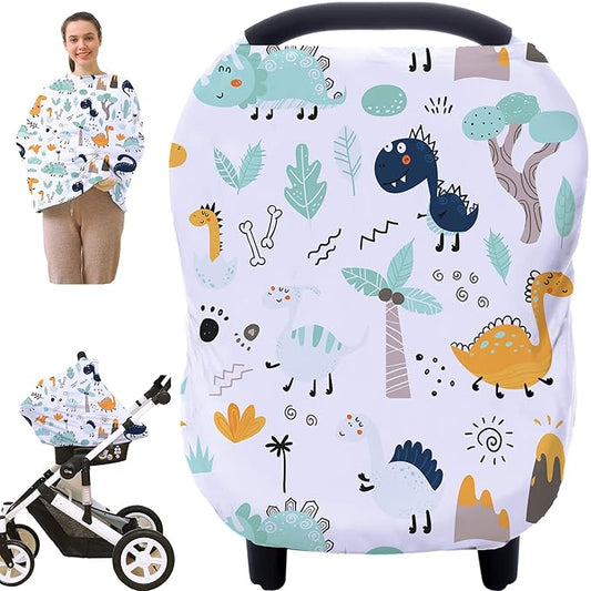 Multi-use Carseat Canopy Cover - Breathable Breastfeeding Covers, Car Seat Covers for Babies, Stroller Canopy Cover (Cute Dinosaur)-BubblyBeeBaby