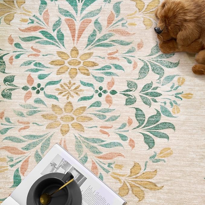 jinchan Round Rug 4ft Area Rugs Vintage Floral Distressed Design,Machine Washable Soft Non-Slip Low-Pile Ultra-Thin Circle Rug for Entryway Bedside Living Room Kitchen Nursery (4' Round,Apricot Multi)-BubblyBeeBaby