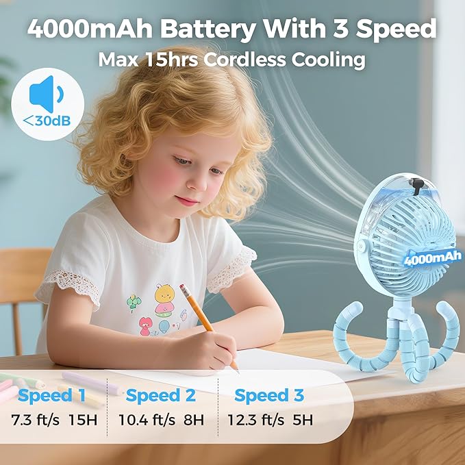 2025 Upgarded 4000mAh Misting Baby Stroller Fan, Rechargeable Battery Operated,Max 15Hrs Cooling,50ml Portable Water Sprayer Misting Fan with Flexible Tripod Clip on Car Seat Crib Treadmill Bunk Bed-BubblyBeeBaby