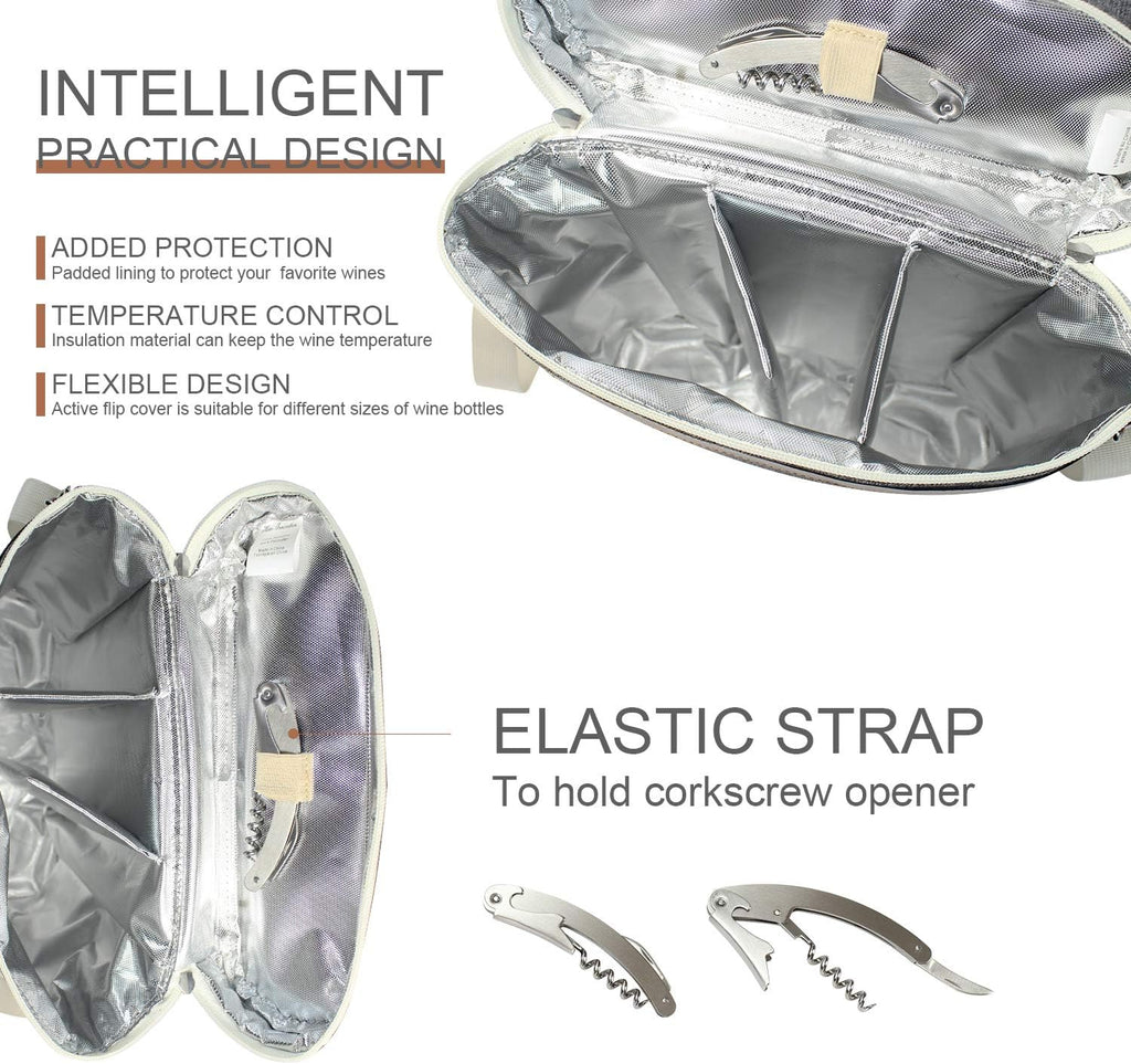 Zormy 3 Bottle Insulated Wine Tote Cooler Bag, Portable Carrier with Corkscrew Opener and Shoulder Strap for Beach Travel Picnic, Unique Carrier