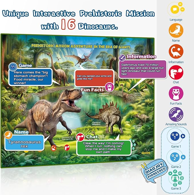 Interactive Dinosaur Toys Learning Poster, Dinosaur Talking Poster, Bilingual Dinosaur Talking Educational Children Toy with Sound Effects, Dinosaur Toys for Ages 3-12, Best Dinosaur Party Gift-BubblyBeeBaby