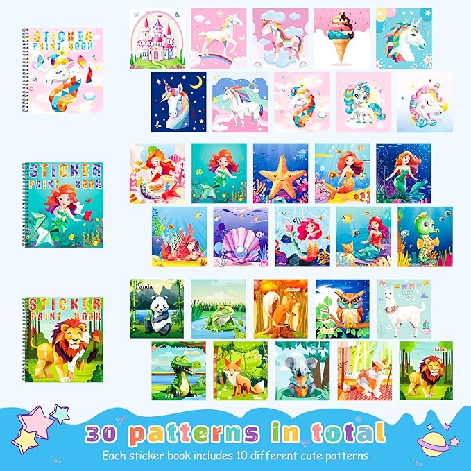 homicozy 3PCS Sticker Paint Books for Kids Ages 4-10,Unicorn Mermaid Animals Designs Paint by Stickers,Sticker by Numbers,Party Birthday Gifts for Girls 4-10,Create 30 Pictures One Stickers at A Time-BubblyBeeBaby