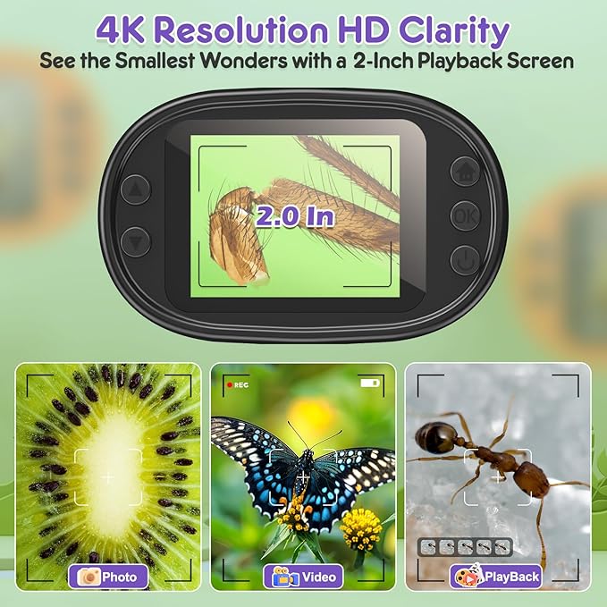 1000X Handheld Microscope for Kids 4K 2.0" Screen Rechargeable Mini Pocket Digital Microscopes w/Slides Kit Portable Edu Gift Age 4-6 8-12 Children Students (Purple)-BubblyBeeBaby