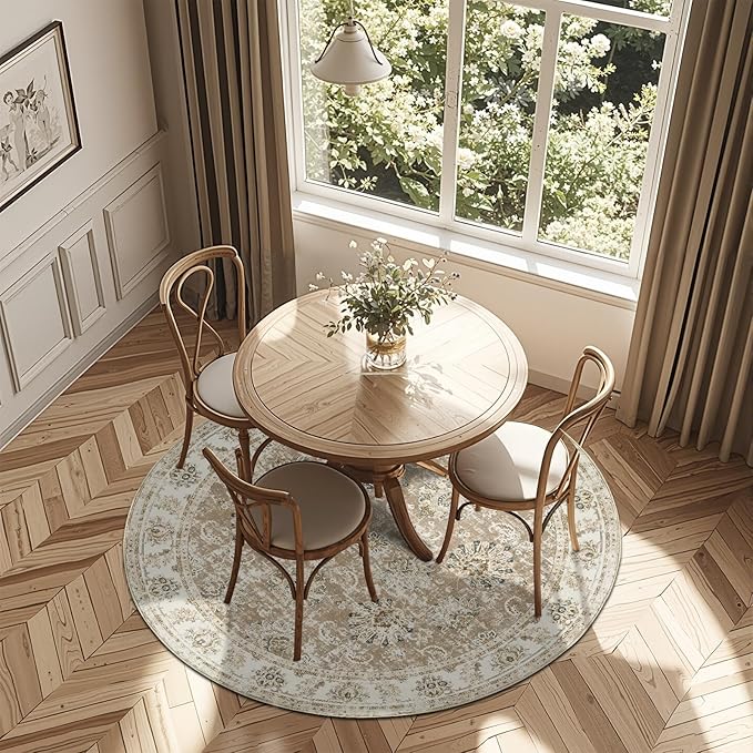 jinchan Round Rug 6ft Area Rug - Taupe Vintage Floor Mat Kitchen Indoor Ultra-Thin Soft Floral Print - Washable Circle 6' Retro Accent for Farmhouse Non Slip Dining Room Living Room Bedroom Office-BubblyBeeBaby