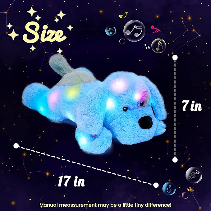 Hopearl LED Musical Stuffed Puppy Lighting Up Singing Plush Dog Adjustable Volume Lullaby Animated Soothe Birthday Festival for Kids Toddler Girls, Blue, 17''-BubblyBeeBaby