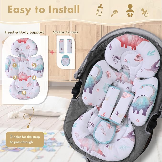 Infant Car Seat Insert, 2-in-1 Head & Body Carseat Support for Baby Newborn Toddler with Strap Covers, Reversible Ultra-Soft Cushion for Baby Carseat, Stroller, Swing & Bouncer-BubblyBeeBaby