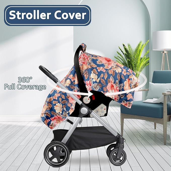 TANOFAR Car Seat Cover Baby, Carseat Covers Baby Boy Girl, Peekaboo Opening Infant Car Seat Cover for Winter, Warm & Cozy, Blue Floral-BubblyBeeBaby