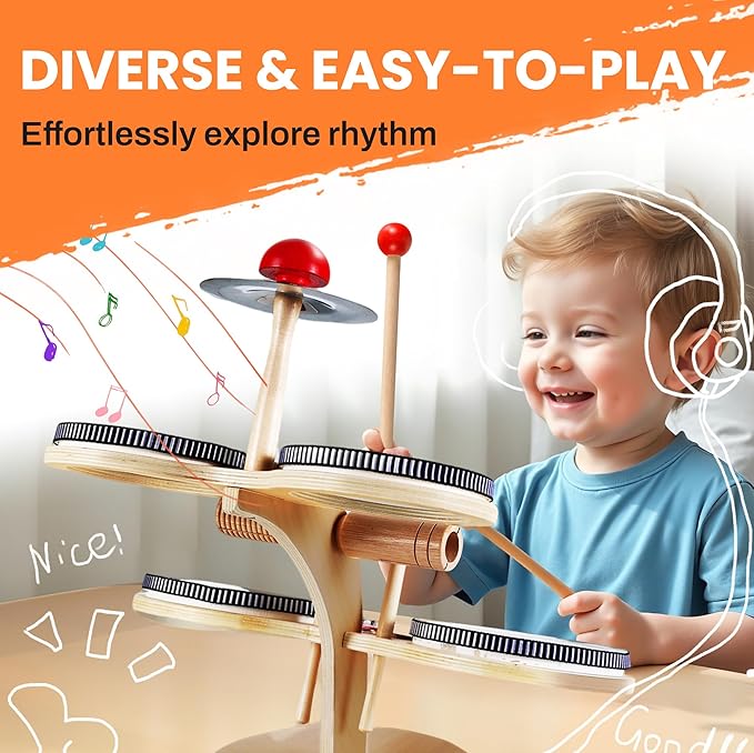 iPlay, iLearn Toddler Wooden Drum Set, Kids Musical Instruments Toy, 8 in 1 Percussion Drum Kit W/Xylophone Cymbal, Baby Montessori Learning Birthday Gifts for 18 Month, 2 3 4 5 6 Year Old Boy Girl-BubblyBeeBaby