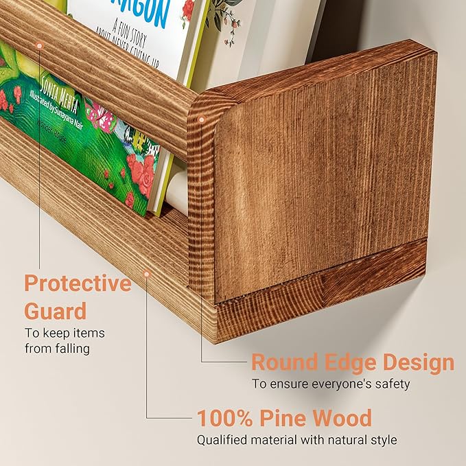 Heimlove Nursery Floating Shelves, Nursery Book Shelves for Wall, 16 inch Wall Bookshelf for Kids Solid Wood Wall Mounted Shelves for Books,Toys and Decor Storage, Set of 2-BubblyBeeBaby