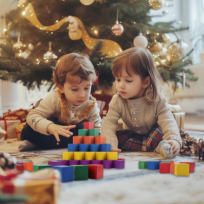 108 Pack 1 Inch Wooden Blocks, 6 Colors STEM Math Sorting Toys, Wood Building & Stacking Blocks for Toddlers, Classroom Learning Wooden Cube Blocks, Creative Play & DIY Craft for Kids Ages 3+-BubblyBeeBaby