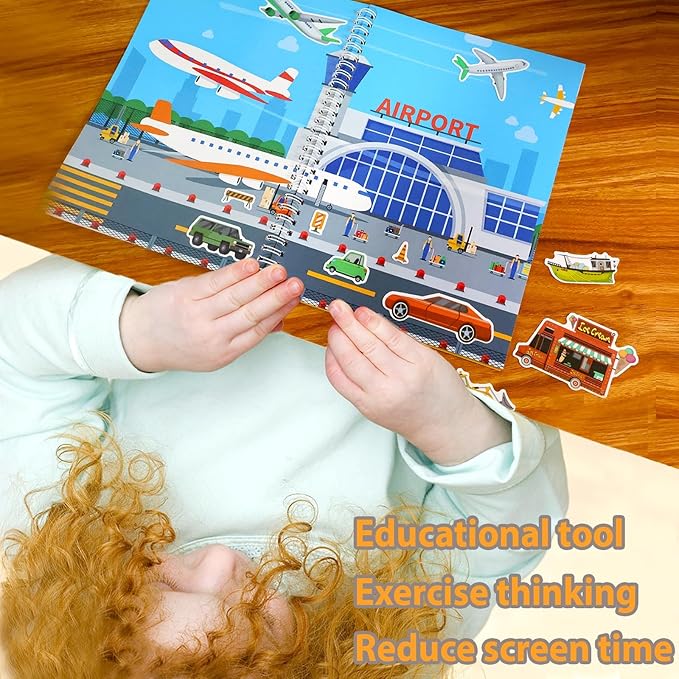 Jelly Sticker Books for Toddlers 2-4 Years, Reusable Sticker Book for Kids 1-3, Toddler Travel Essentials Vehicles Stickers for Kids Toddler Plane Activities (Vehicles)-BubblyBeeBaby