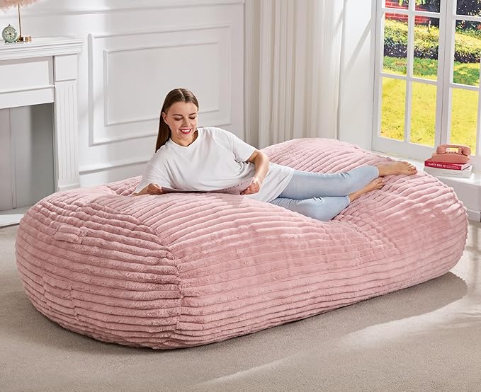 Hobestluk 6FT Bean Bag Chairs Adult Bean Bag with Portable Handle Comfy Large Bean Bag Lounge Chair with Removable Cover for Living Room Bedroom (Stripe Pink, 6FT)-BubblyBeeBaby