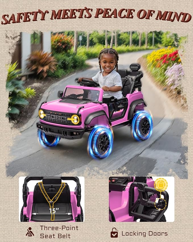 12V Electric Ride on Toys for Toddler, Ford Bronco Raptor Kids Ride on Car with Remote Control, 12 Volt Battery Powered Cars for Children with Smooth Start, Bluetooth (12V, Pink)-BubblyBeeBaby