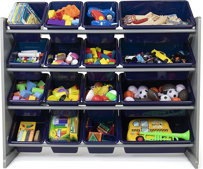 Humble Crew Supersized Toy Storage Organizer with 16 Removable Bins, Grey/Navy – Large Toy Storage for Toddlers Ideal for Kids' Rooms, Playrooms, and Nurseries - Modern Toy Bins for Kids-BubblyBeeBaby