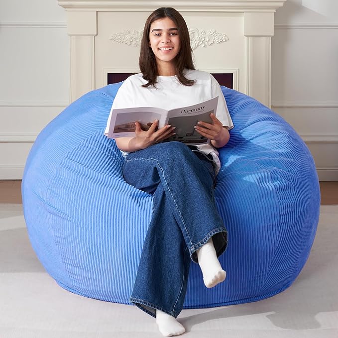 Homguava 3.5FT Bean Bag Chair: Teardrop Bean Bags with Memory Foam Filled, Compact Beanbag Chairs Soft Sofa with Corduroy Cover (Blue)-BubblyBeeBaby