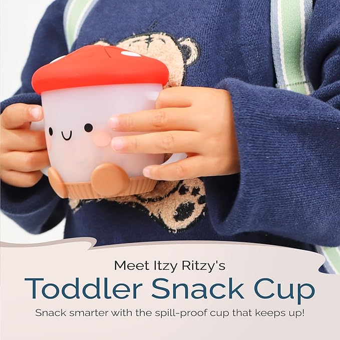 Itzy Ritzy Toddler Snack Cup - Spill-Proof Snack Cup for Toddlers with Soft Silicone Lid for Easy Food Access - Easy-To-Hold Kids Snacks Container With Handles - Ideal for 12 months & Up (Mushroom)-BubblyBeeBaby