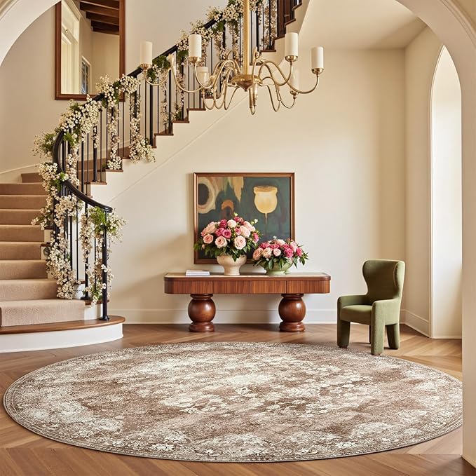 jinchan Round Rug 7ft Area Rug - Brown Vintage Floor Mat Kitchen Indoor - Washable Circle 7' Thin Floral Print Carpet Retro Farmhouse Non Slip Dining Room Living Room Bedroom Office-BubblyBeeBaby