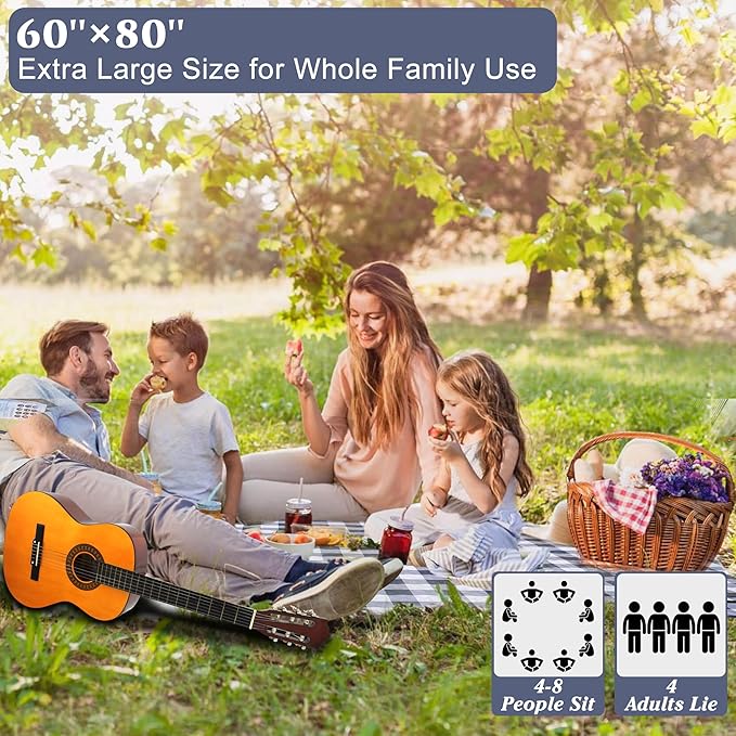 HX&OD Outdoor Picnic Blanket, Extra Large, 80''x60'' Waterproof Foldable Blankets Gingham Picnic Mat for Beach, Camping Grass Lawn Park Accessories Cute Couple Ideas Wedding (Gray, 80”x60”)-BubblyBeeBaby