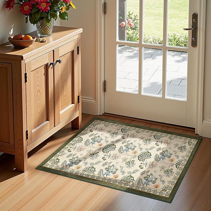 jinchan 2x3 Floral Rug for Entryway Washable Kitchen Rug Vintage Romance Design Small Mat Non Slip Indoor Doormat Lightweight Low-Profile Throw Carpet for Entrance Bathroom Laundry Room, Green/Beige-BubblyBeeBaby