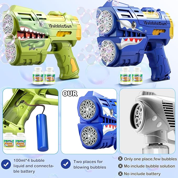 2 Pack Bubble Guns with 4 Bottles Refill Solution, LED Light Up Rechargeable Bubbles Machine Blower for Kids Toddlers 4-8, Outdoor Toys Gifts, Wedding Easter Party-BubblyBeeBaby