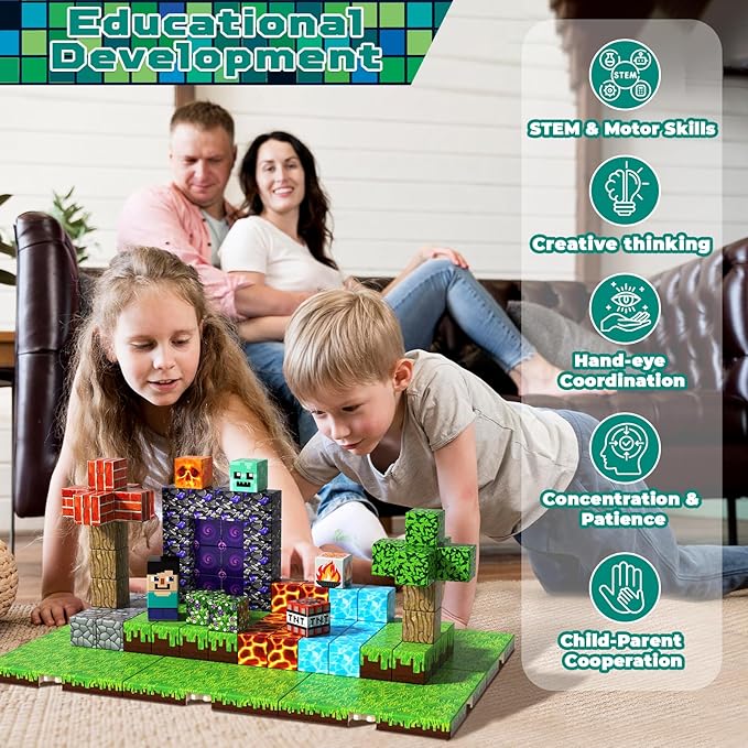 150 PCS Magnetic Blocks - Magnetic Building Block with 6 Baseplate, Stacking Magnets for Kids, Sensory Toy for Toddlers STEM Learning, Birthday Gifts for 3+ Years Old Boys Girls-BubblyBeeBaby