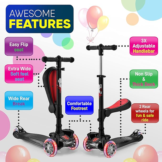Hurtle 3-Wheeled Scooter for Kids - Wheel LED Lights, Adjustable Lean-to-Steer Handlebar, and Foldable Seat - Sit or Stand Ride with Brake for Boys and Girls Ages 1-14 Years Old-BubblyBeeBaby