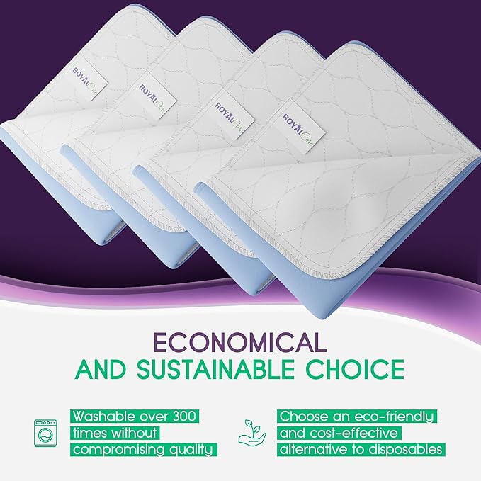 Incontinence Bed Pads - 18x24 | Cotton Blend | Washable Bed Pads for Adults, Children, Pets and Seniors Waterproof | Pack of 4, Blue, by Royal Care-BubblyBeeBaby